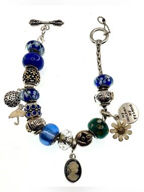 Vintage DaVinci European Charm Bracelet Blue Glass Beads Cameo Family Charms